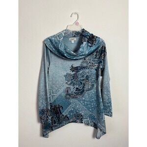 New One World Small‎ Paisley Cowl Neck Long Sleeve Asymmetrical Top Boho Grunge